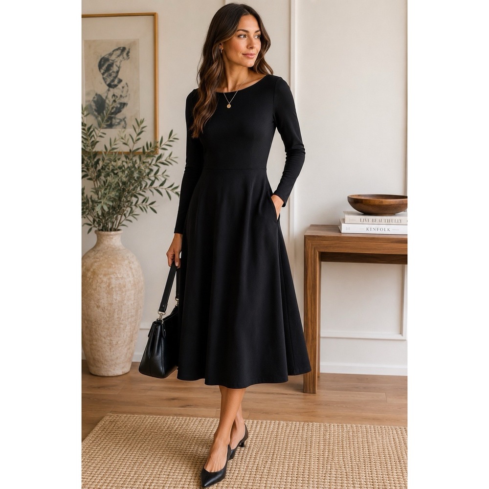 Reformation Black Dress S Knit Boat Neck Fit Flare Midi Minimalist‎ Organic LBD